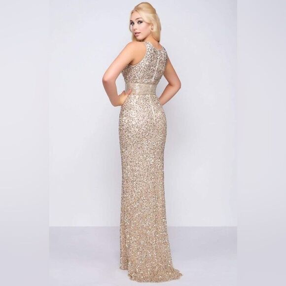 Mac Duggal Sequined Plunging V-Neck Sheath Dress 4930L Nude/Gold size 0 - Picture 2 of 14